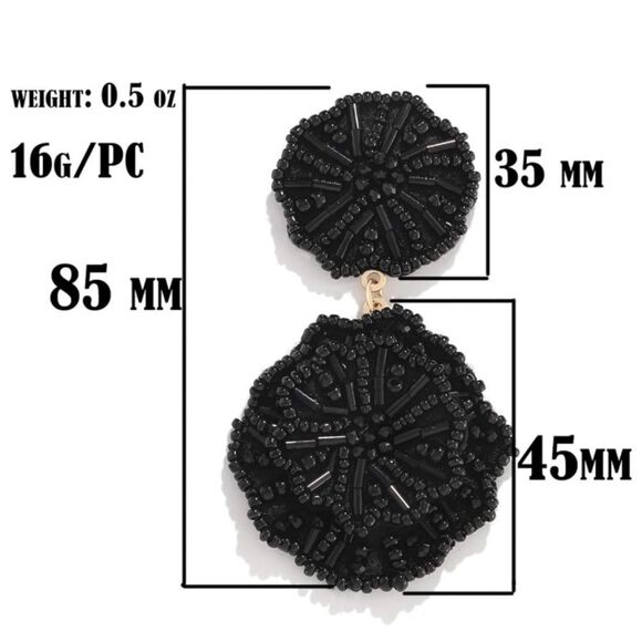 Black Beaded Double Flower Boho Dangling Drop Statement Post Back Earrings - Picture 5 of 5